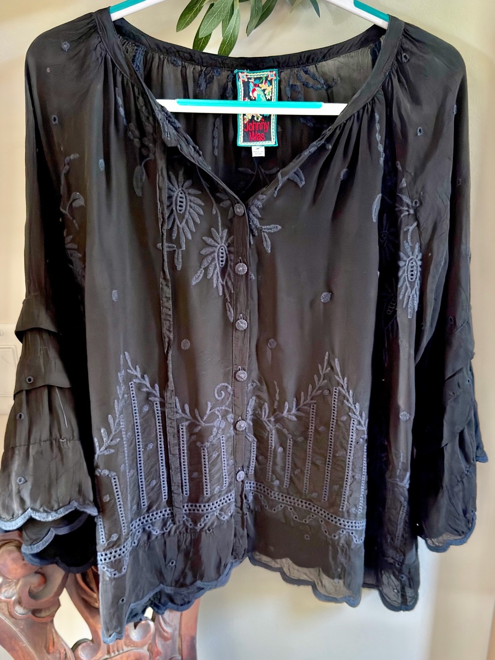 Johnny Was black embroidered blouse